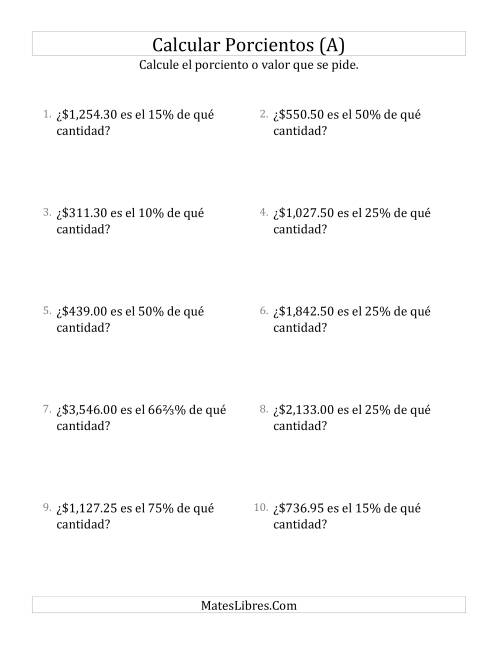La hoja de ejercicios de Calcular la Cantidad Original de Dinero (Decimales, Incrementos de Porcientos Selectos) (A)