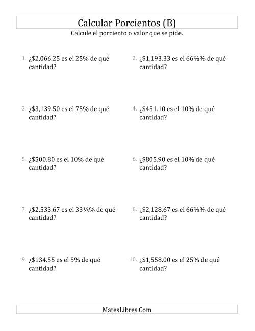 La hoja de ejercicios de Calcular la Cantidad Original de Dinero (Decimales, Incrementos de Porcientos Selectos) (B)