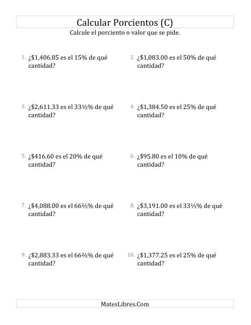 La hoja de ejercicios de Calcular la Cantidad Original de Dinero (Decimales, Incrementos de Porcientos Selectos) (C)