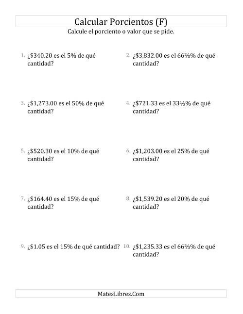 La hoja de ejercicios de Calcular la Cantidad Original de Dinero (Decimales, Incrementos de Porcientos Selectos) (F)
