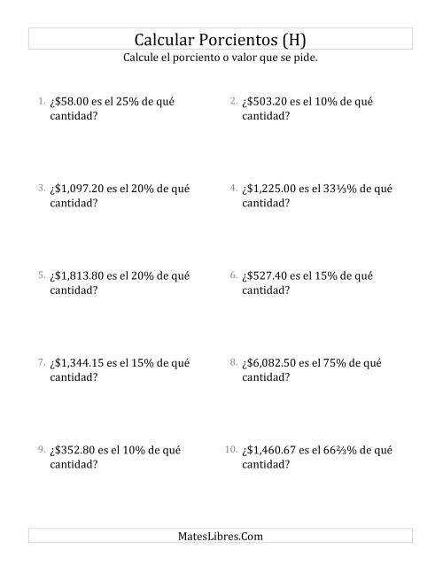La hoja de ejercicios de Calcular la Cantidad Original de Dinero (Decimales, Incrementos de Porcientos Selectos) (H)