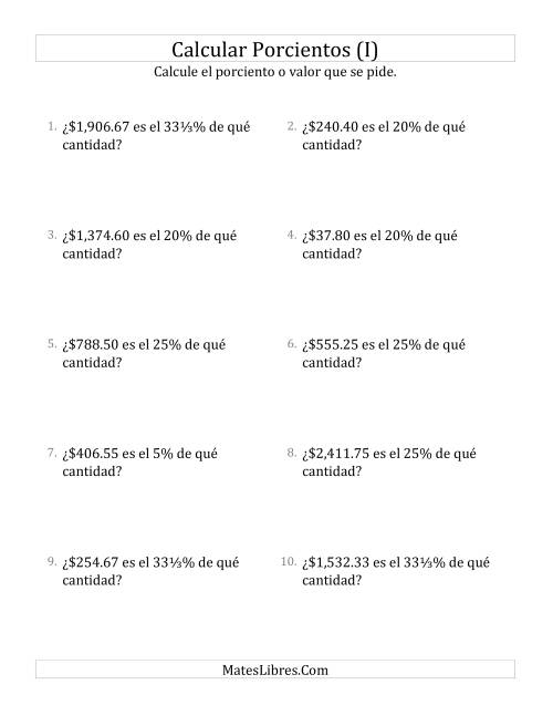 La hoja de ejercicios de Calcular la Cantidad Original de Dinero (Decimales, Incrementos de Porcientos Selectos) (I)
