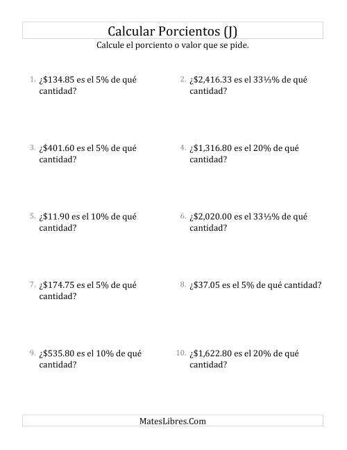 La hoja de ejercicios de Calcular la Cantidad Original de Dinero (Decimales, Incrementos de Porcientos Selectos) (J)