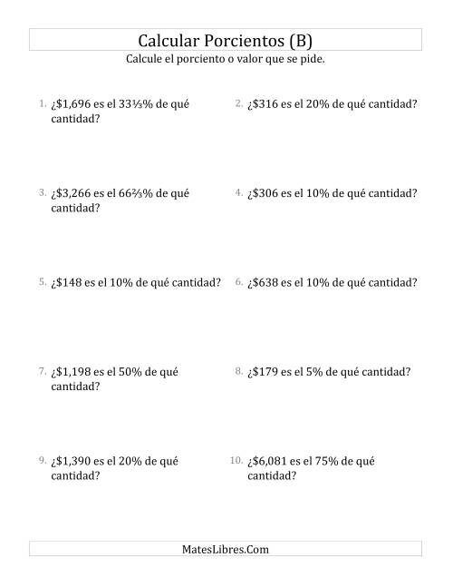 La hoja de ejercicios de Calcular la Cantidad Original de Dinero (Enteros, Incrementos de Porcientos Selectos) (B)
