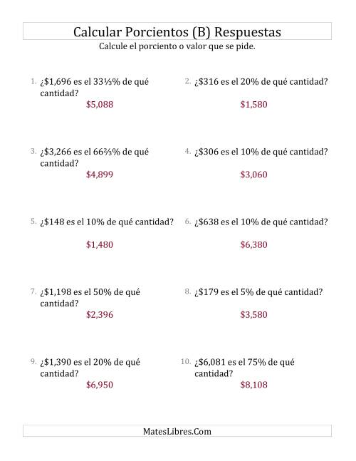 La hoja de ejercicios de Calcular la Cantidad Original de Dinero (Enteros, Incrementos de Porcientos Selectos) (B) Página 2