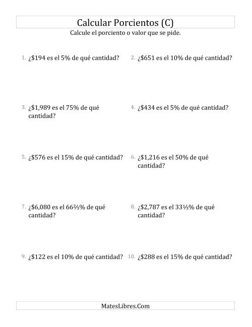 La hoja de ejercicios de Calcular la Cantidad Original de Dinero (Enteros, Incrementos de Porcientos Selectos) (C)