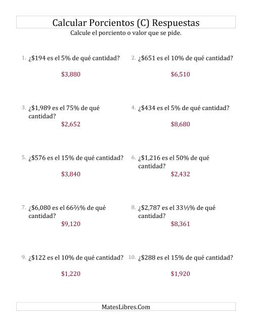 La hoja de ejercicios de Calcular la Cantidad Original de Dinero (Enteros, Incrementos de Porcientos Selectos) (C) Página 2