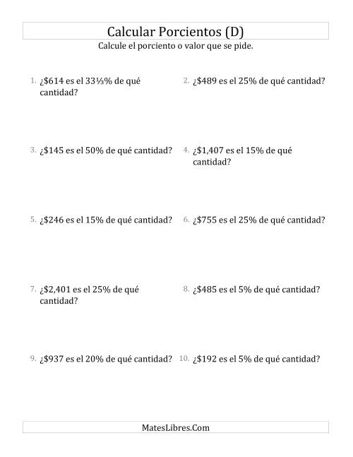 La hoja de ejercicios de Calcular la Cantidad Original de Dinero (Enteros, Incrementos de Porcientos Selectos) (D)