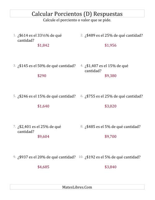La hoja de ejercicios de Calcular la Cantidad Original de Dinero (Enteros, Incrementos de Porcientos Selectos) (D) Página 2