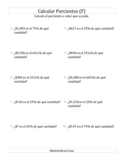 La hoja de ejercicios de Calcular la Cantidad Original de Dinero (Enteros, Incrementos de Porcientos Selectos) (F)