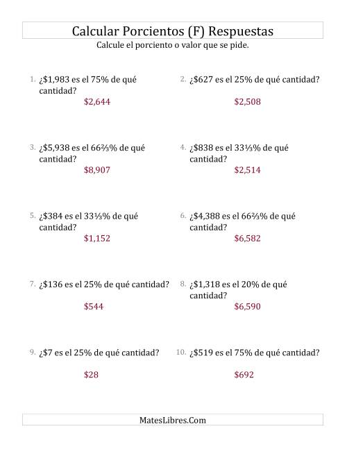 La hoja de ejercicios de Calcular la Cantidad Original de Dinero (Enteros, Incrementos de Porcientos Selectos) (F) Página 2