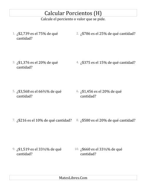 La hoja de ejercicios de Calcular la Cantidad Original de Dinero (Enteros, Incrementos de Porcientos Selectos) (H)