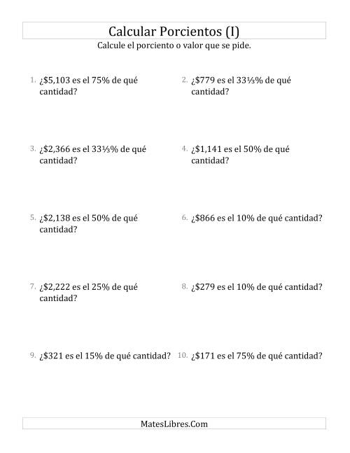 La hoja de ejercicios de Calcular la Cantidad Original de Dinero (Enteros, Incrementos de Porcientos Selectos) (I)