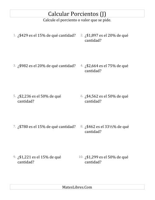 La hoja de ejercicios de Calcular la Cantidad Original de Dinero (Enteros, Incrementos de Porcientos Selectos) (J)