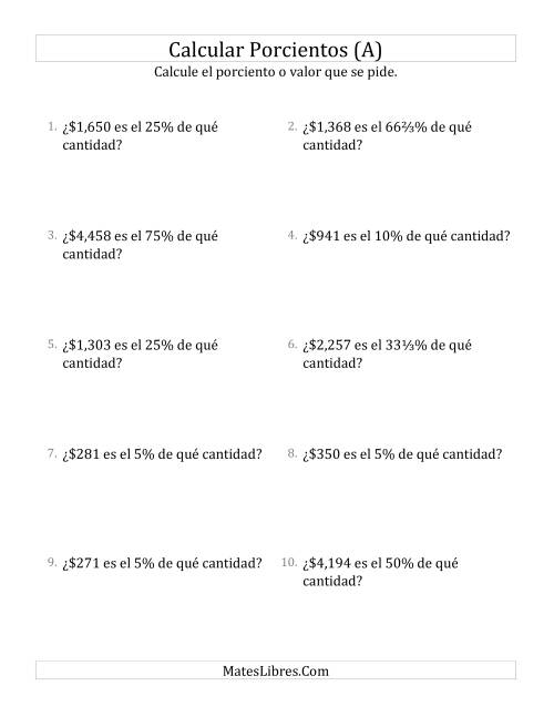 La hoja de ejercicios de Calcular la Cantidad Original de Dinero (Enteros, Incrementos de Porcientos Selectos) (Todas)
