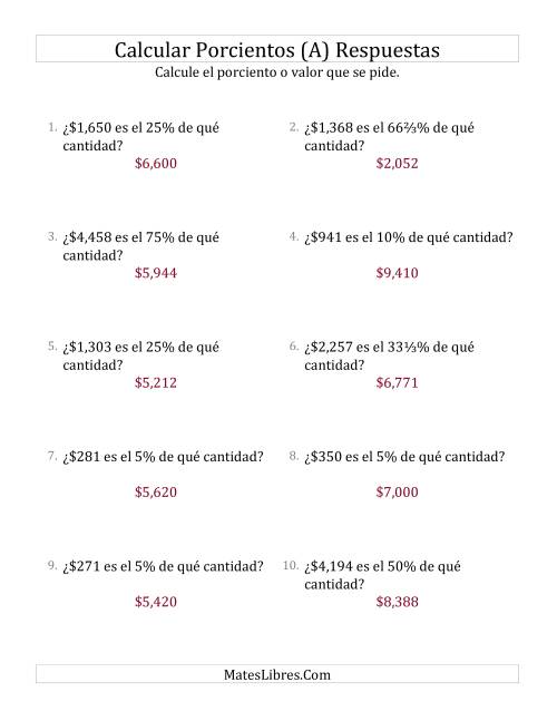 La hoja de ejercicios de Calcular la Cantidad Original de Dinero (Enteros, Incrementos de Porcientos Selectos) (Todas) Página 2