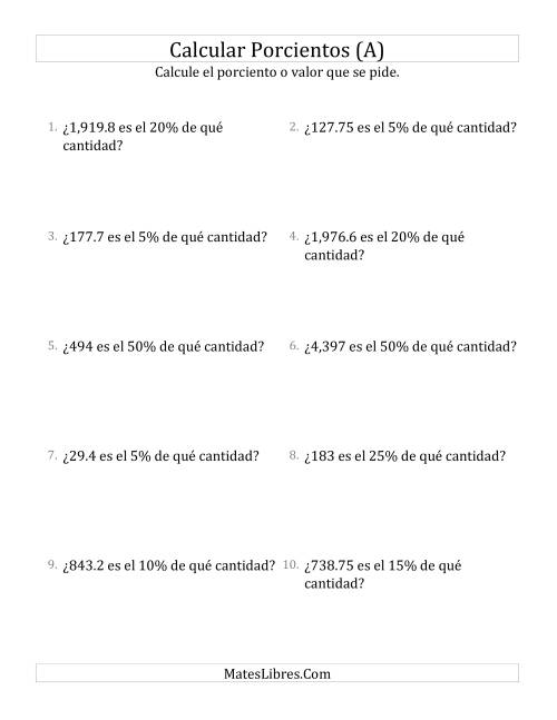 La hoja de ejercicios de Calcular la Cantidad Original (Decimales, Incrementos de Porcientos Selectos) (A)