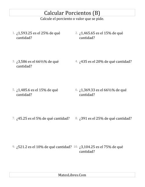 La hoja de ejercicios de Calcular la Cantidad Original (Decimales, Incrementos de Porcientos Selectos) (B)