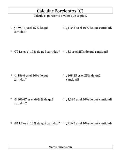 La hoja de ejercicios de Calcular la Cantidad Original (Decimales, Incrementos de Porcientos Selectos) (C)