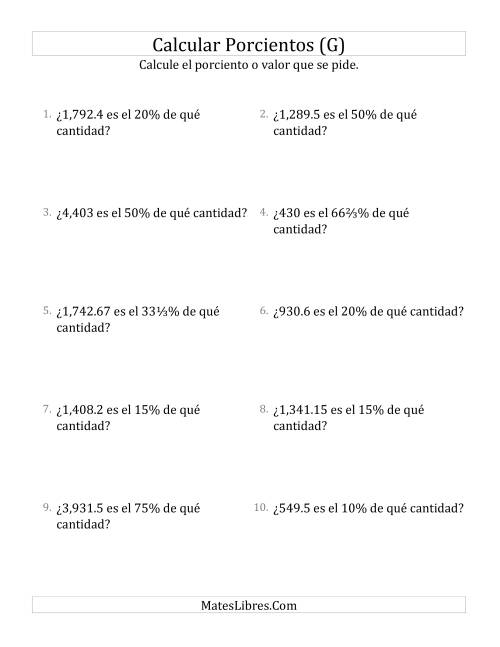 La hoja de ejercicios de Calcular la Cantidad Original (Decimales, Incrementos de Porcientos Selectos) (G)