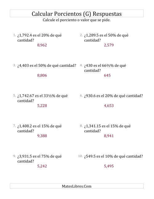 La hoja de ejercicios de Calcular la Cantidad Original (Decimales, Incrementos de Porcientos Selectos) (G) Página 2