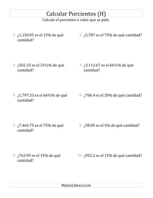 La hoja de ejercicios de Calcular la Cantidad Original (Decimales, Incrementos de Porcientos Selectos) (H)