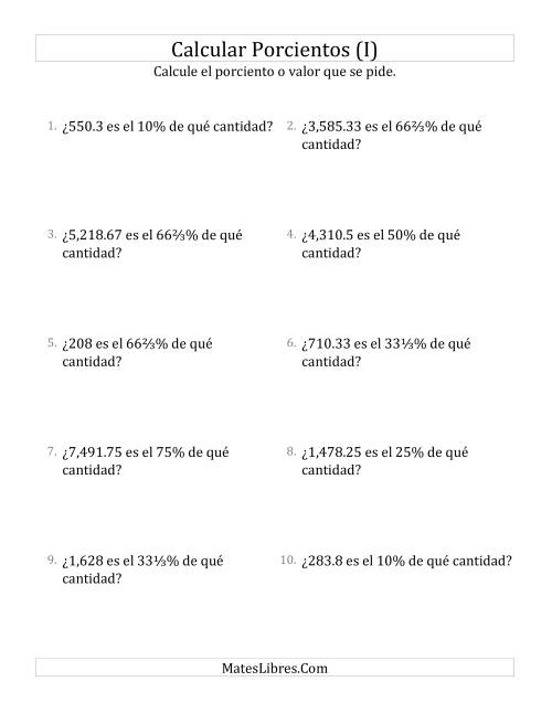 La hoja de ejercicios de Calcular la Cantidad Original (Decimales, Incrementos de Porcientos Selectos) (I)
