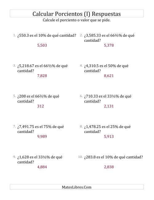 La hoja de ejercicios de Calcular la Cantidad Original (Decimales, Incrementos de Porcientos Selectos) (I) Página 2