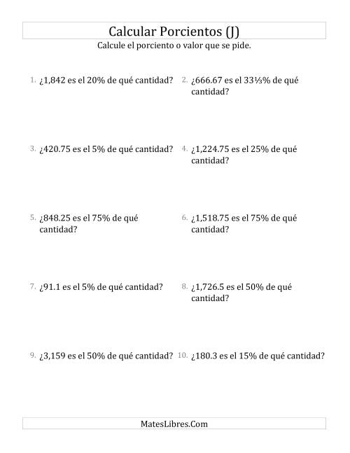 La hoja de ejercicios de Calcular la Cantidad Original (Decimales, Incrementos de Porcientos Selectos) (J)