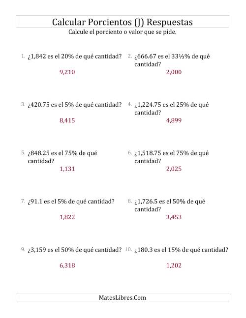 La hoja de ejercicios de Calcular la Cantidad Original (Decimales, Incrementos de Porcientos Selectos) (J) Página 2
