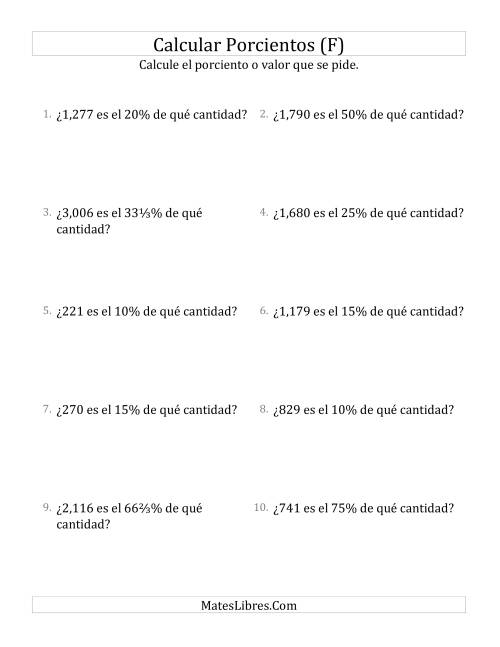 La hoja de ejercicios de Calcular la Cantidad Original (Enteros, Incrementos de Porcientos Selectos) (F)