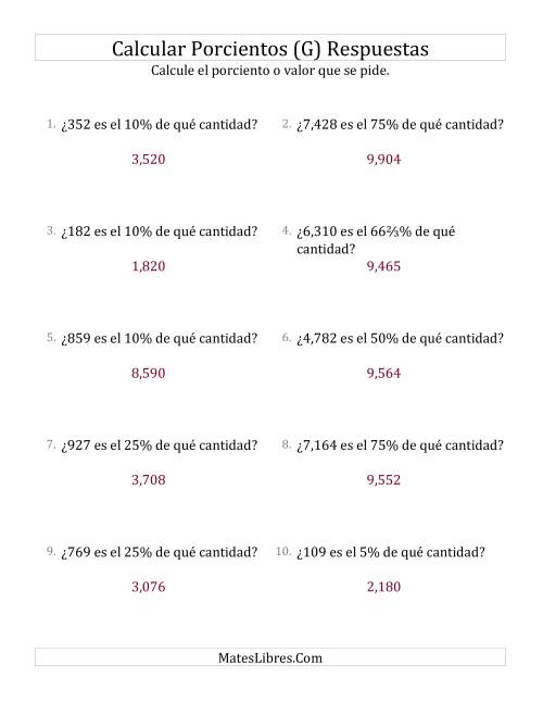 La hoja de ejercicios de Calcular la Cantidad Original (Enteros, Incrementos de Porcientos Selectos) (G) Página 2