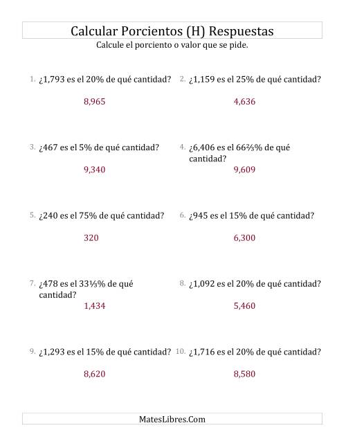 La hoja de ejercicios de Calcular la Cantidad Original (Enteros, Incrementos de Porcientos Selectos) (H) Página 2
