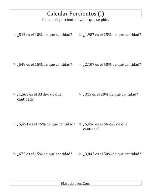 La hoja de ejercicios de Calcular la Cantidad Original (Enteros, Incrementos de Porcientos Selectos) (I)