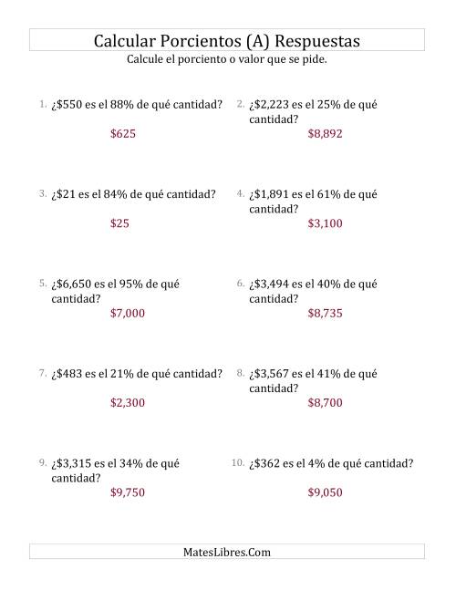 La hoja de ejercicios de Calcular la Cantidad Original de Dinero (Enteros, Incrementos entre 1% y 99%) (A) Página 2