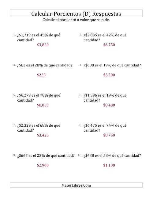 La hoja de ejercicios de Calcular la Cantidad Original de Dinero (Enteros, Incrementos entre 1% y 99%) (D) Página 2