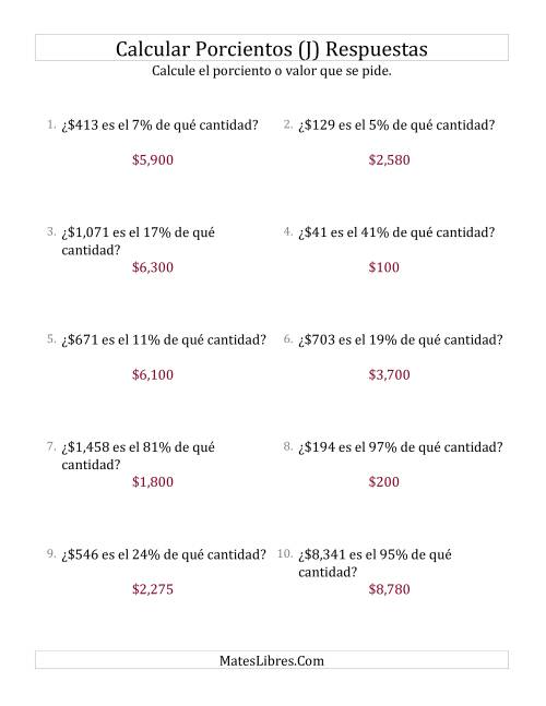 La hoja de ejercicios de Calcular la Cantidad Original de Dinero (Enteros, Incrementos entre 1% y 99%) (J) Página 2