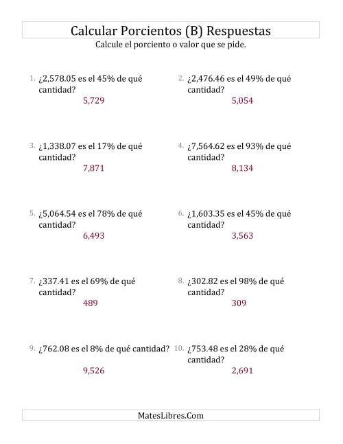 La hoja de ejercicios de Calcular la Cantidad Original (Decimales, Incrementos entre 1% y 99%) (B) Página 2