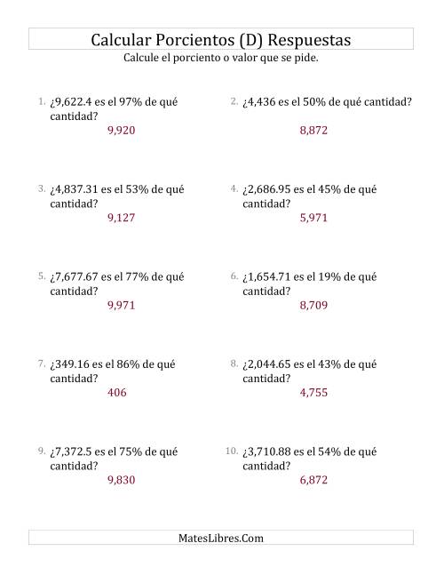 La hoja de ejercicios de Calcular la Cantidad Original (Decimales, Incrementos entre 1% y 99%) (D) Página 2