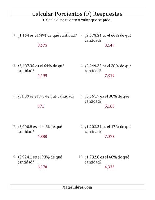 La hoja de ejercicios de Calcular la Cantidad Original (Decimales, Incrementos entre 1% y 99%) (F) Página 2