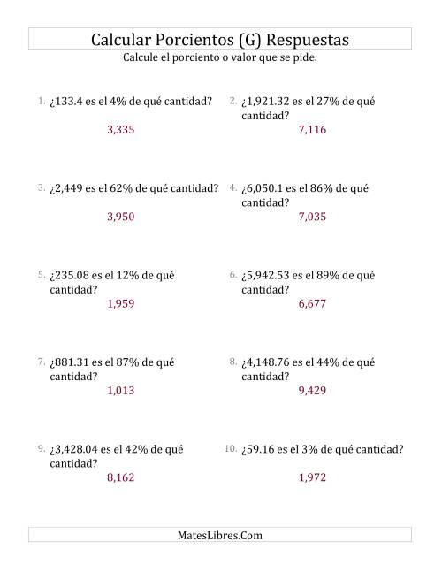 La hoja de ejercicios de Calcular la Cantidad Original (Decimales, Incrementos entre 1% y 99%) (G) Página 2