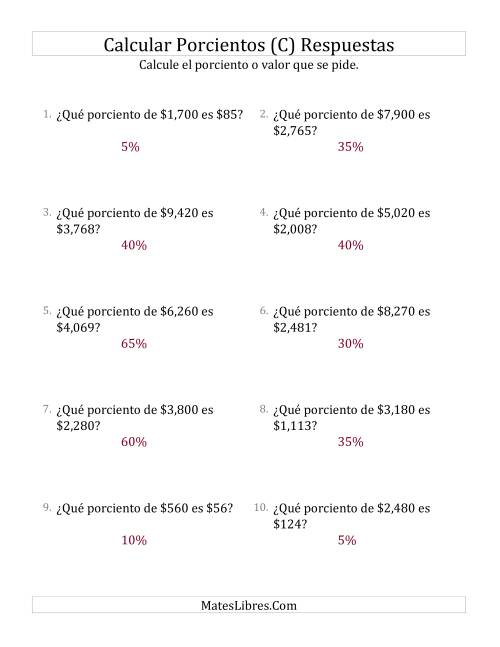 La hoja de ejercicios de Calcular el Tanto Por Ciento de Dinero (Enteros, Incrementos de 5%) (C) Página 2