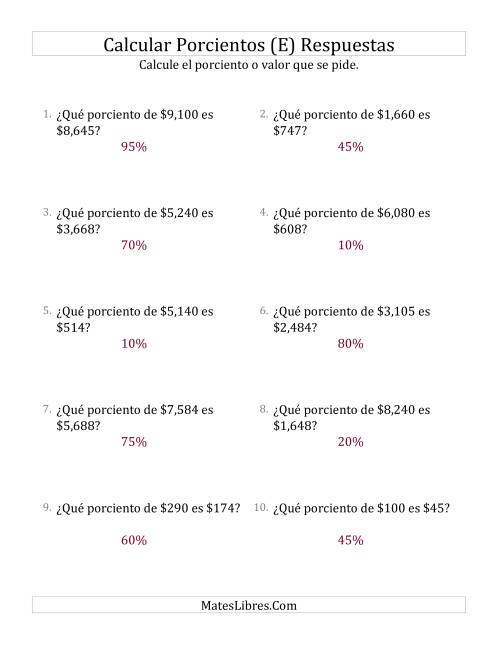 La hoja de ejercicios de Calcular el Tanto Por Ciento de Dinero (Enteros, Incrementos de 5%) (E) Página 2