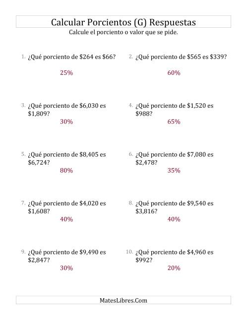 La hoja de ejercicios de Calcular el Tanto Por Ciento de Dinero (Enteros, Incrementos de 5%) (G) Página 2