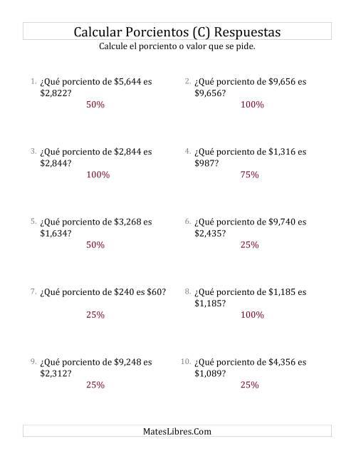 La hoja de ejercicios de Calcular el Tanto Por Ciento de Dinero (Enteros, Incrementos de 25%) (C) Página 2