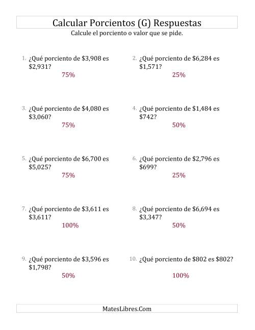 La hoja de ejercicios de Calcular el Tanto Por Ciento de Dinero (Enteros, Incrementos de 25%) (G) Página 2