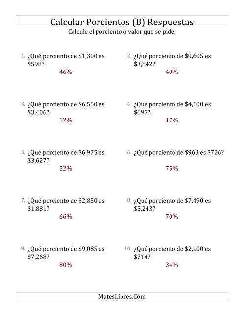 La hoja de ejercicios de Calcular el Tanto Por Ciento de Dinero (Enteros, Incrementos entre 1% y 99%) (B) Página 2