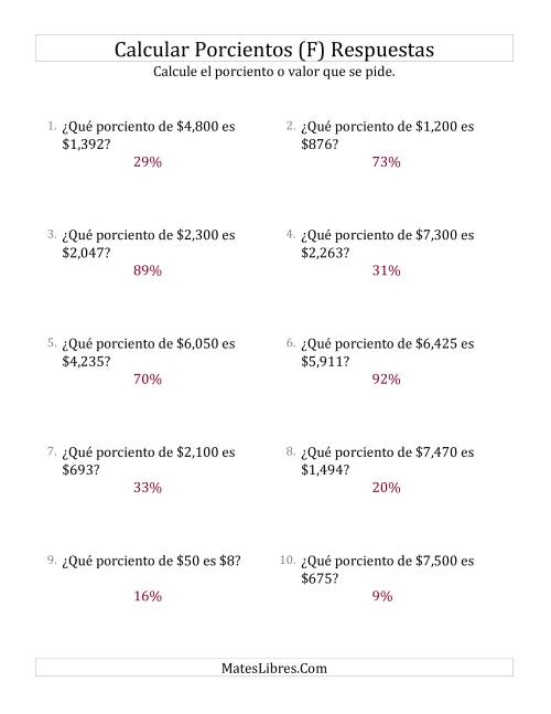 La hoja de ejercicios de Calcular el Tanto Por Ciento de Dinero (Enteros, Incrementos entre 1% y 99%) (F) Página 2