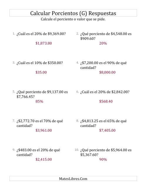 La hoja de ejercicios de Cálculos Mixtos de Porcientos con Dinero (Decimales, Incrementos de 5%) (G) Página 2