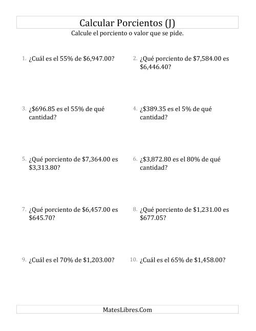 La hoja de ejercicios de Cálculos Mixtos de Porcientos con Dinero (Decimales, Incrementos de 5%) (J)